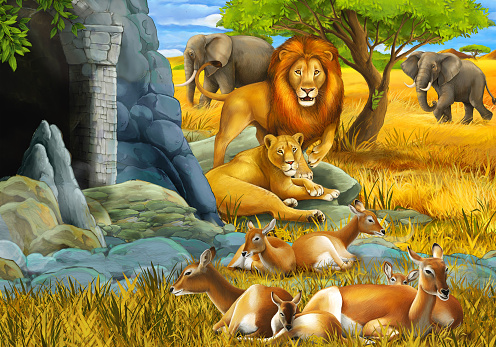 cartoon safari scene with family of antelopes lion and elephant on the meadow illustration