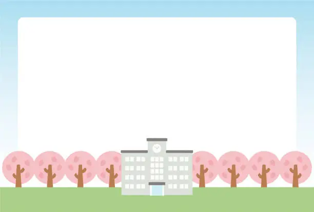 Vector illustration of school building and cherry blossom message card illustration material