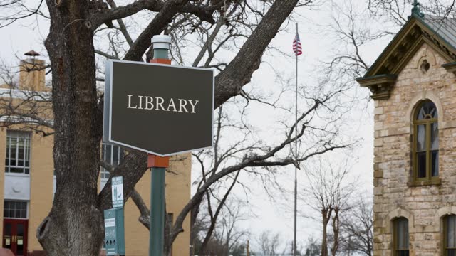 Library sign on a cloudy day