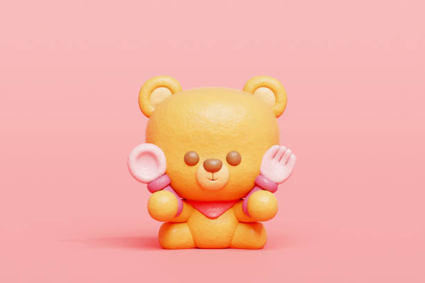 3D cute bear eating, Cartoon animal character, 3D rendering.