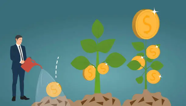 Vector illustration of Young businessman is watering the money planted in the ground for the money tree to grow. Business, finance, investment, banking or profit interest. Vector illustration.