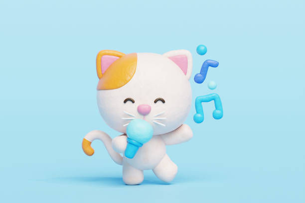 istock 3D cute cat dancing and singing with microphone, Cartoon animal character, 3D rendering. 1933920009