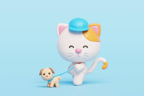 3D cute cat walking with dog, Cartoon animal character, 3D rendering.