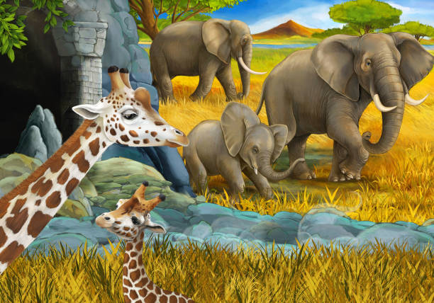 istock cartoon scene with safari animals giraffe antelope and elephant on the meadow illustration for children 1933940020