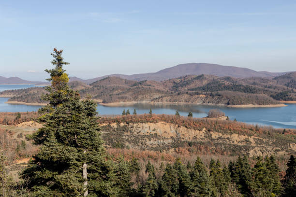 Panoramic view of artificial Plastiras lake from the observation post at mountains (Prefecture of Karditsa, Thessaly, Greece)