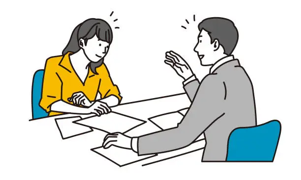 Vector illustration of Asian businessman explaining to a woman