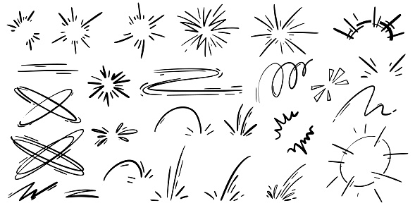 Cartoon lines effects and sparks. Vector comic doodle hand drawn splashes burst and explosion elements. Boom and bang motion sketch