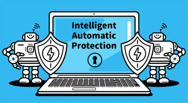 Vector illustration of Intelligent Automatic Protection, two AI Robots holding a powerful shield standing by a laptop computer