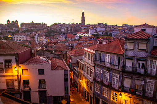 View of Porto city centre from the cathedral at sunset, Portugal