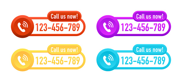 Call us now modern internet button - template for phone number in website header - conspicuous sticker with phone headset pictogram. Call us now icons for business purpose. Vector illustration