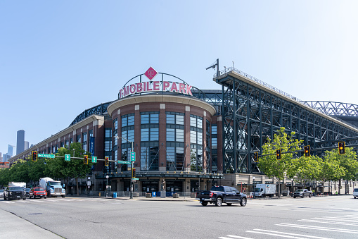 T-Mobile Park stadium in Seattle, Washington, United States - June 15, 2023. T-Mobile Park is a retractable roof stadium in Seattle.