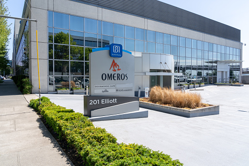 Omeros headquarters in Seattle, Washington, United States - June 15, 2023. Omeros Corporation is an American biopharmaceutical company.