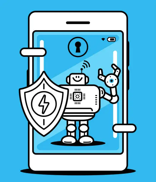 Vector illustration of Intelligent Automatic Protection, an AI Robot holding a powerful shield on a smartphone screen