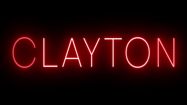 Glowing and blinking red retro neon sign for CLAYTON
