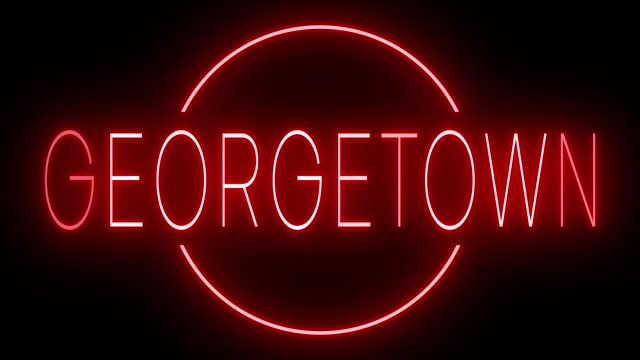 Glowing and blinking red retro neon sign for GEORGETOWN