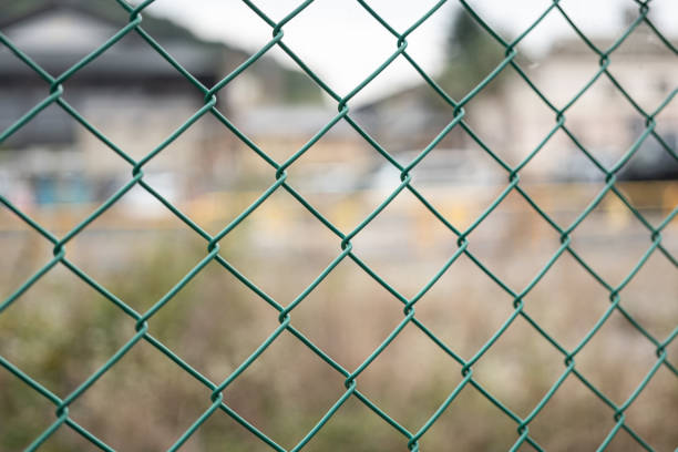 Green metal mesh fence that using to barricade the area, scene with blurred background of city outdoor place. Close-up and selective focus.
