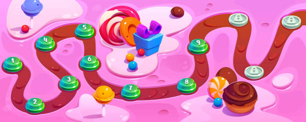 illustrations, cliparts, dessins animés et icônes de carte routière du jeu avec indicateurs de niveau et desserts - candy land board game backgrounds candy dreams