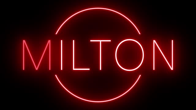 Glowing and blinking red retro neon sign for MILTON