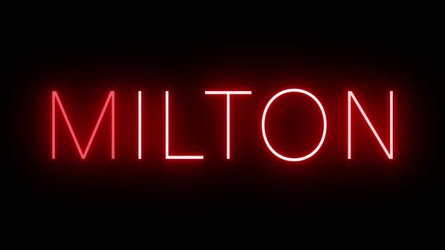 Glowing and blinking red retro neon sign for MILTON