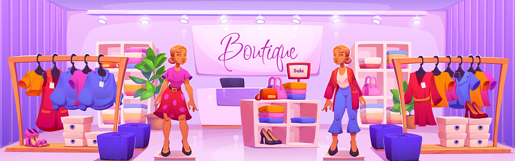 Fashion shop with purple interior vector design. Wardrobe store boutique in mall with woman mannequin and clothes on shelf. Apparel commercial showroom with counter and monitor cartoon background.