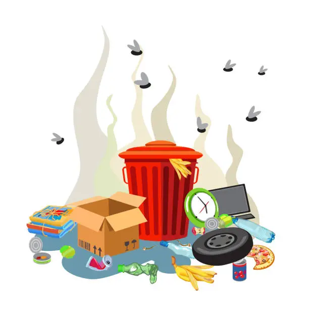 Vector illustration of Red trash can with unsorted waste. Empty boxes and cans.