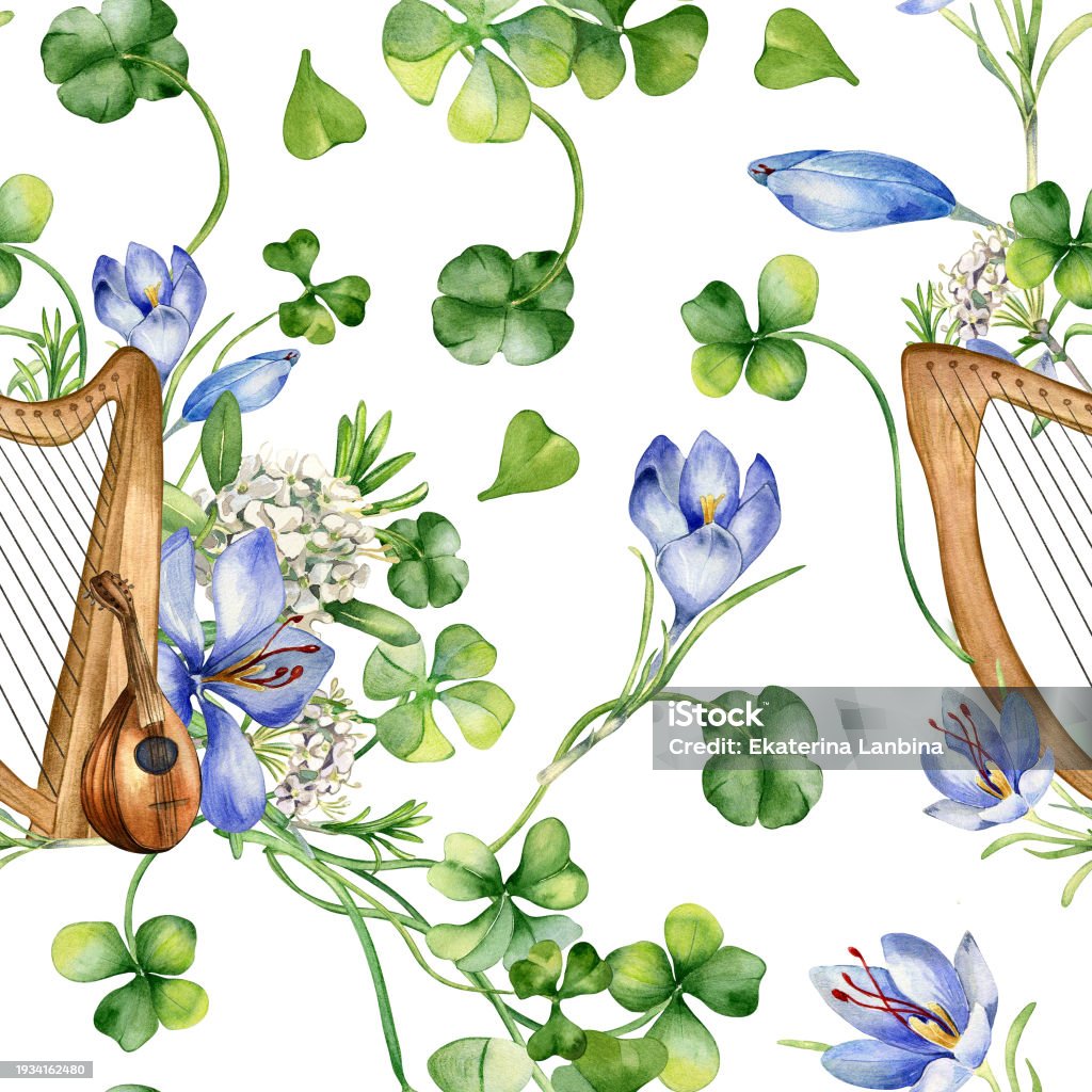 Spring Musical Instrument Images Musical Instruments And Spring Flowers Watercolor Seamless Pattern ...