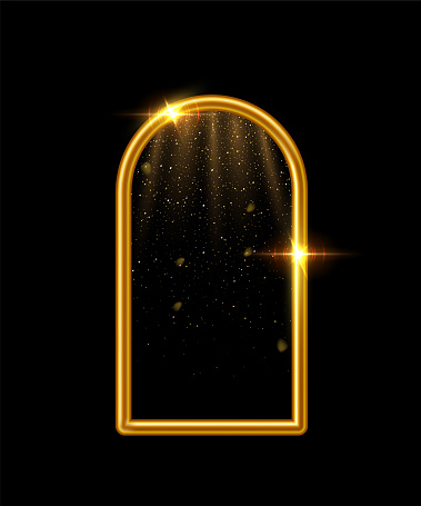 Arabic gold arch with shining lights inside isolated on dark background. 3D islam window architecture shape for muslim holidays, design element door, golden tube frame. Realistic vector illustration.
