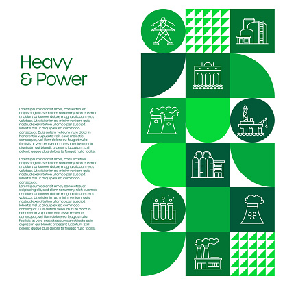 Heavy and Power Related Design with Line Icons. Simple Outline Symbol Icons. Power Plant, Electricity, Factory, Mining, Oil Industry