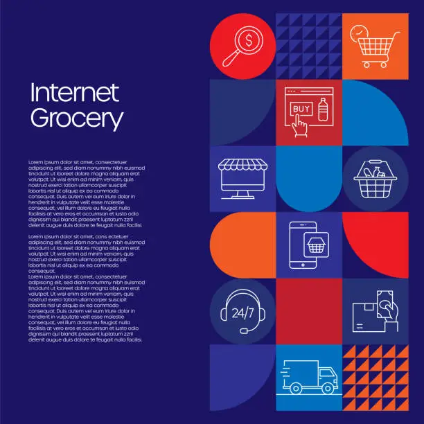 Vector illustration of Internet Grocery Related Design with Line Icons. Simple Outline Symbol Icons. Online Shopping, Mobile App, Delivery, Easy Payment.