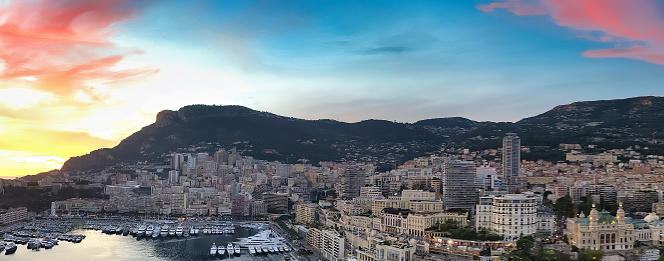 Montecarlo. Aerial view of Monaco skyline at sunset.