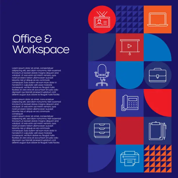 Vector illustration of Office and Workspace Related Design with Line Icons. Simple Outline Symbol Icons. Computer, Desk, Presentation, Telephone, Office Supplies.