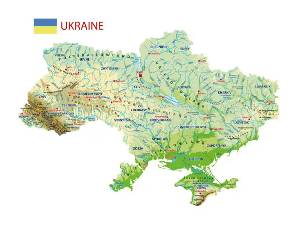 Vector illustration of Topographic map of Ukraine. High detailed Ukraine physical map with labeling.