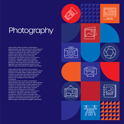Photography Related Design with Line Icons. Simple Outline Symbol Icons. Camera, Studio, Lens, Backdrop, Retouching.