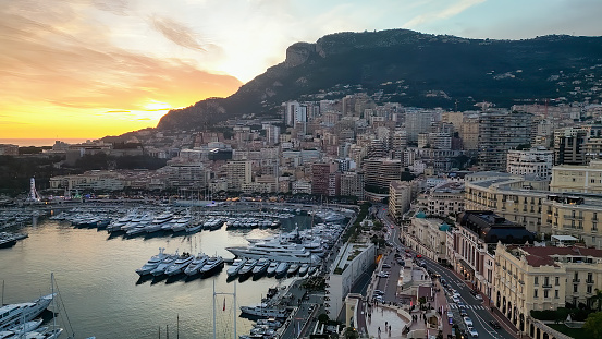 Montecarlo. Aerial view of Monaco skyline at sunset.