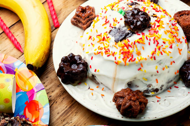 Homemade children dessert. Banana cake or pie for the holiday table.