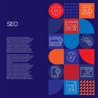 Search Engine Optimization Related Design with Line Icons. Simple Outline Symbol Icons. Webpage, Traffic, Rating, Searching, Tagline, Keywords.