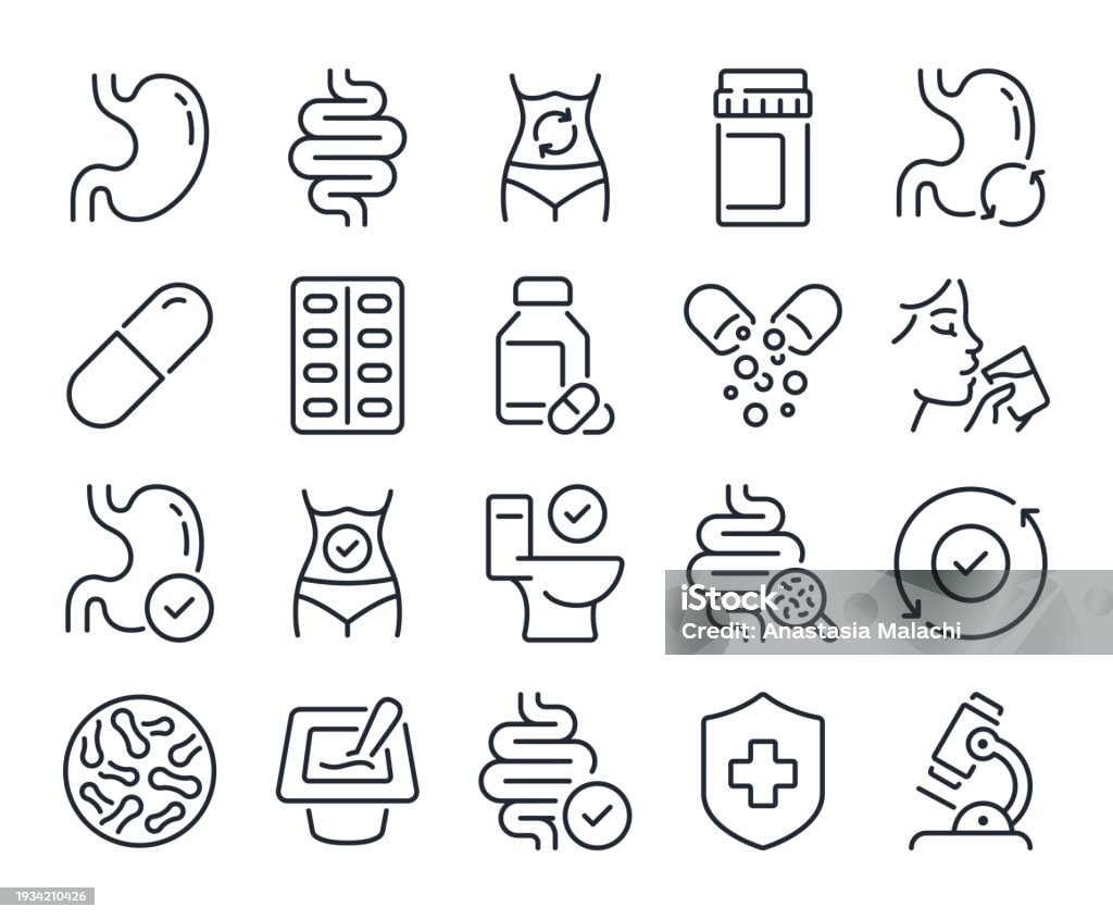 Verdauungs-, Darm-, Magen- und Probiotika-editierbare Schlaganfall-Umrisssymbole isoliert auf weißem Hintergrund flache Vektorillustration gesetzt. Pixelgenau. 64 x 64 cm. - Lizenzfrei Icon Vektorgrafik Verdauungs-, Darm-, Magen- und Probiotika-editierbare Schlaganfall-Umrisssymbole isoliert auf weißem Hintergrund flache Vektorillustration gesetzt. Pixelgenau. 64 x 64 cm. - Lizenzfrei Icon Vektorgrafik