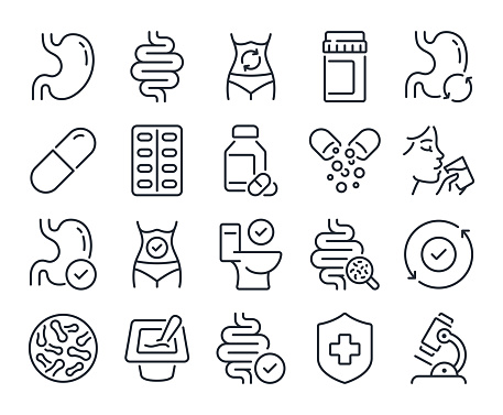 Digestion, intestine, stomach, and probiotics editable stroke outline icons set isolated on white background flat vector illustration. Pixel perfect. 64 x 64.