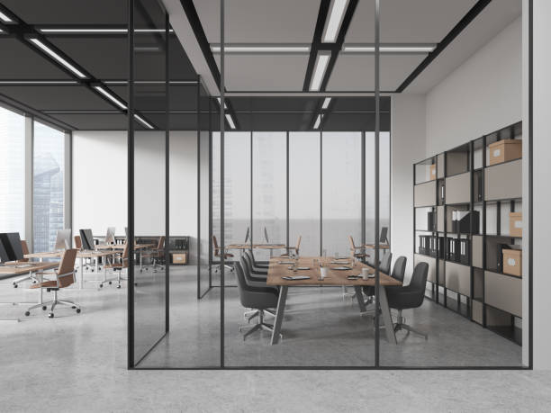 istock Modern workspace interior with glass conference and coworking, panoramic window 1934230657