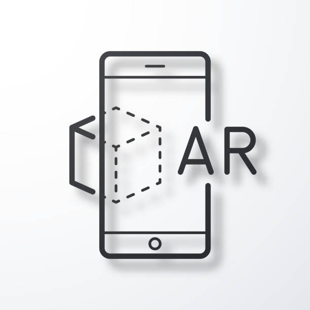 AR Augmented reality with smartphone. Line icon with shadow on white background Black line icon of "AR Augmented reality with smartphone" with a shadow isolated on a blank background. Vector Illustration (EPS file, well layered and grouped). Easy to edit, manipulate, resize or colorize. Vector and Jpeg file of different sizes. 360-camera-white-background stock illustrations