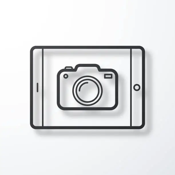 Vector illustration of Tablet PC with camera. Line icon with shadow on white background