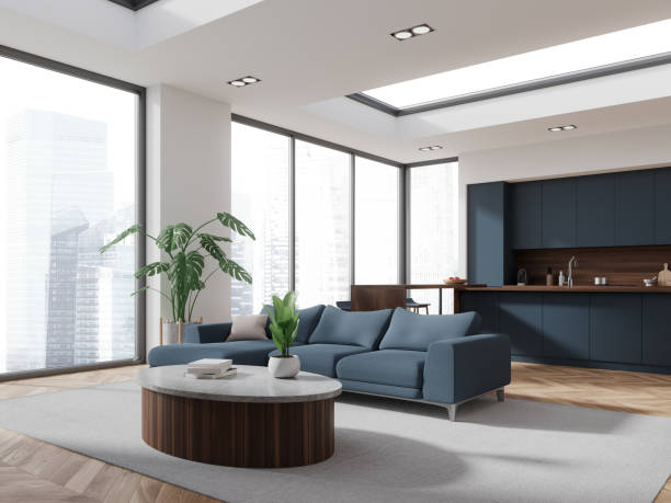 istock White and blue living room and kitchen interior 1934239713