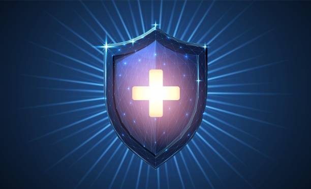 shining shield and cross. antimicrobial protect, covid-19 vaccination, virus protection, immune system, bacterial immunology, antivirus guard - immune defence фотографии стоковые фото и изображения