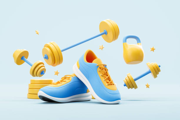 View of sneakers and sport equipment over blue background. Concept of active lifestyle, fitness and workout. 3d rendering