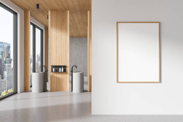 istock Stylish home bathroom interior with double sink and window. Mock up frame 1934250437