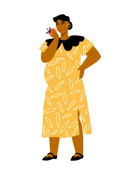 Vector illustration of Pregnant woman looking at an apple