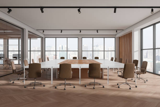 istock Office conference room interior with board and armchairs, panoramic window 1934258591
