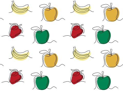 Abstract seamless doodle pattern of fruits and berries, strawberry, apple banana