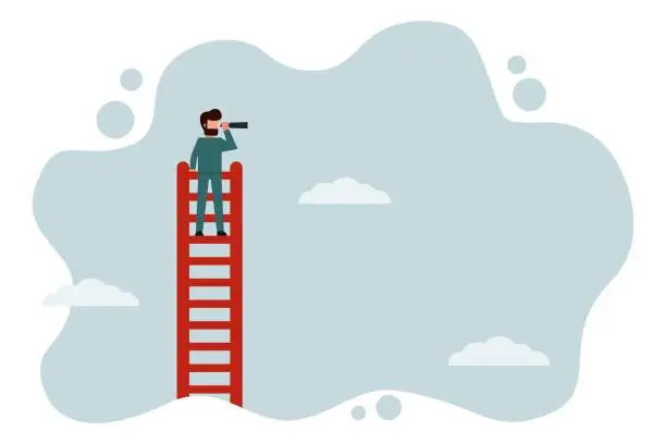 Vector illustration of Businessmen using binoculars standing on a ladder above the clouds. Finding new opportunities. Career ladder. Have a vision of success. Promotion. Vector illustration flat design style