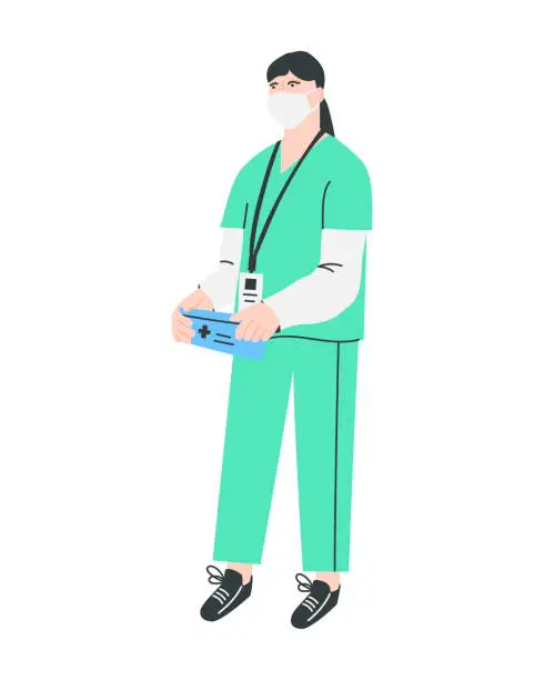 Vector illustration of Nurse holding first aid kit